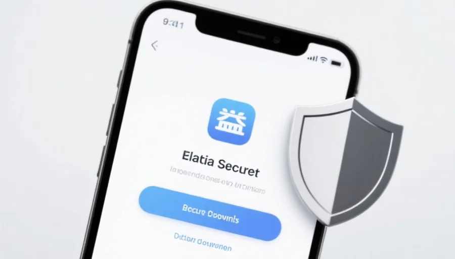 一部现代智能手机屏幕上显示天美3应用的安全下载界面，旁边有安全盾牌图标，背景简洁